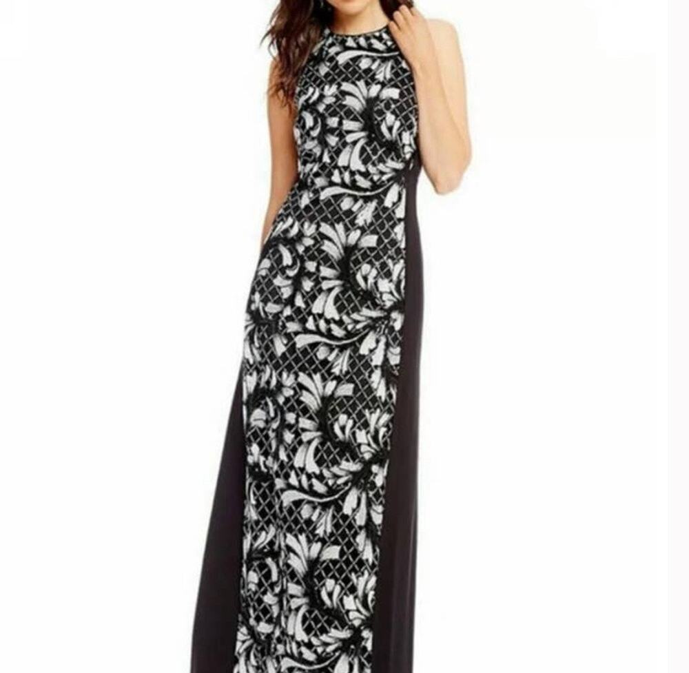 Badgley Mishchka Embroidered Sequin Sleeveless Maxi Dress Size 2 Black White